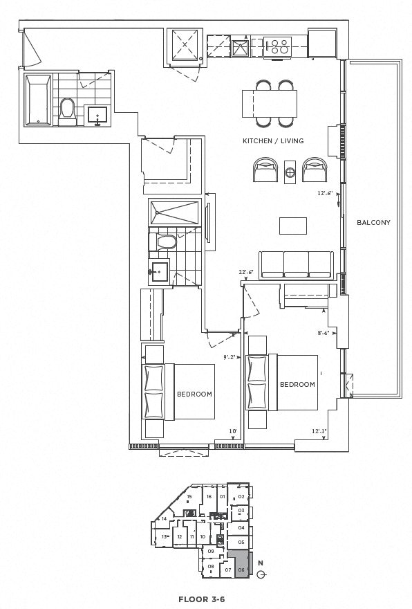 Floor plan for 2 beds, 2 baths, 887 sqft